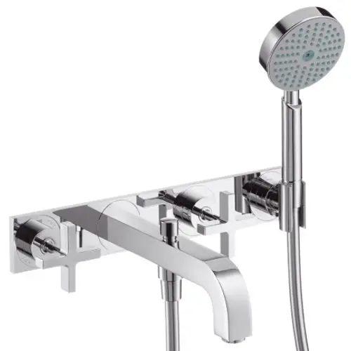 Wannenarmatur von AXOR mit drei Bedienelementen und Handbrause, wandmontiert, in verchromtem Finish, geeignet für Unterputzinstallation.